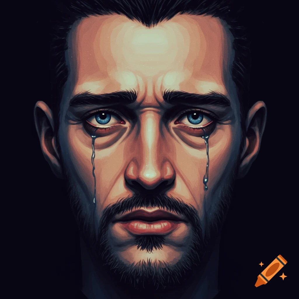 A stylized illustration of a crying man with blue eyes and a beard, looking directly forward.