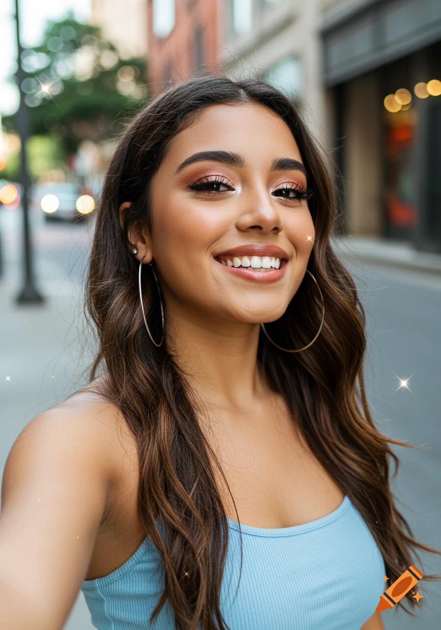 A smiling young Hispanic woman in a light blue ribbed tank top and hoop earrings takes a selfie on a city street.