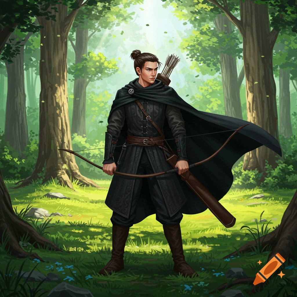 An illustrated male archer with a top knot, wearing a black cape and holding a bow, standing in a sunlit forest.