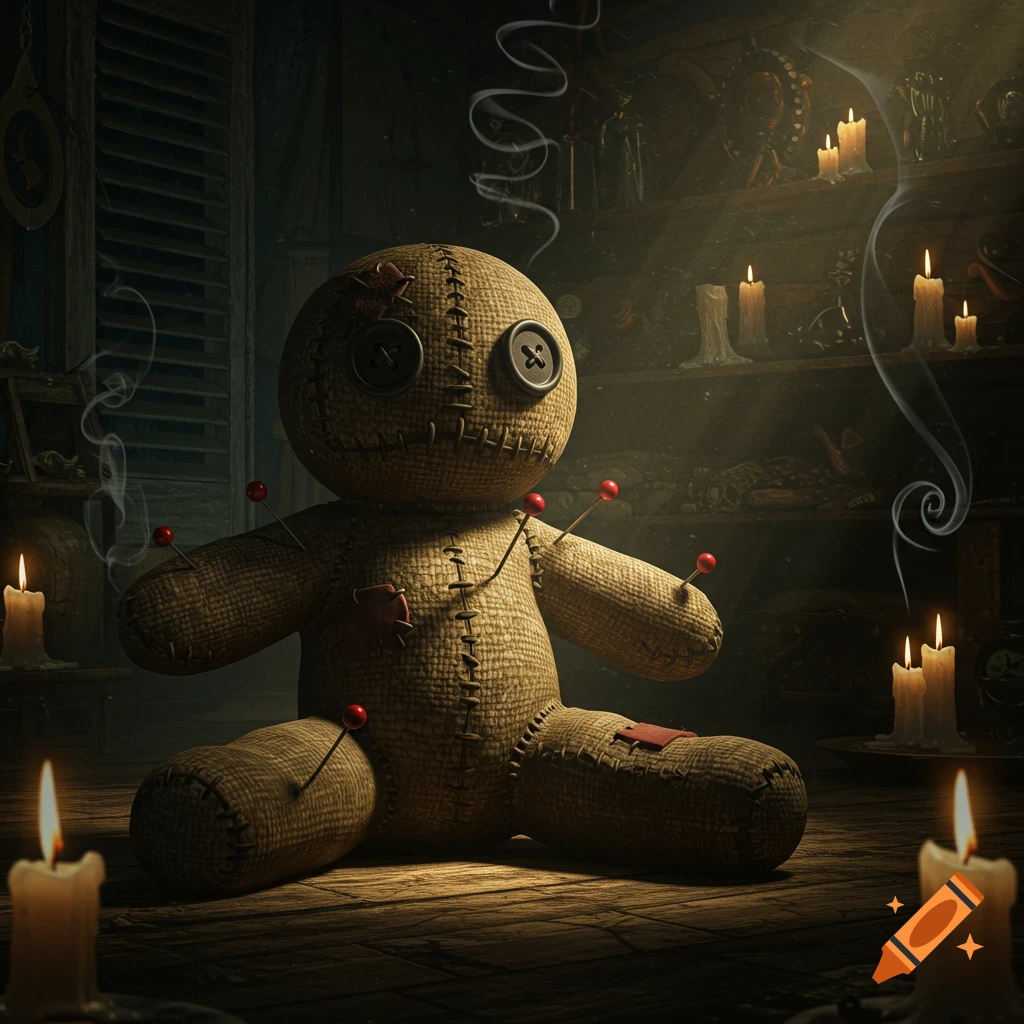 A burlap voodoo doll with button eyes and pins, illuminated by candles in a dark, mystical room filled with smoke.