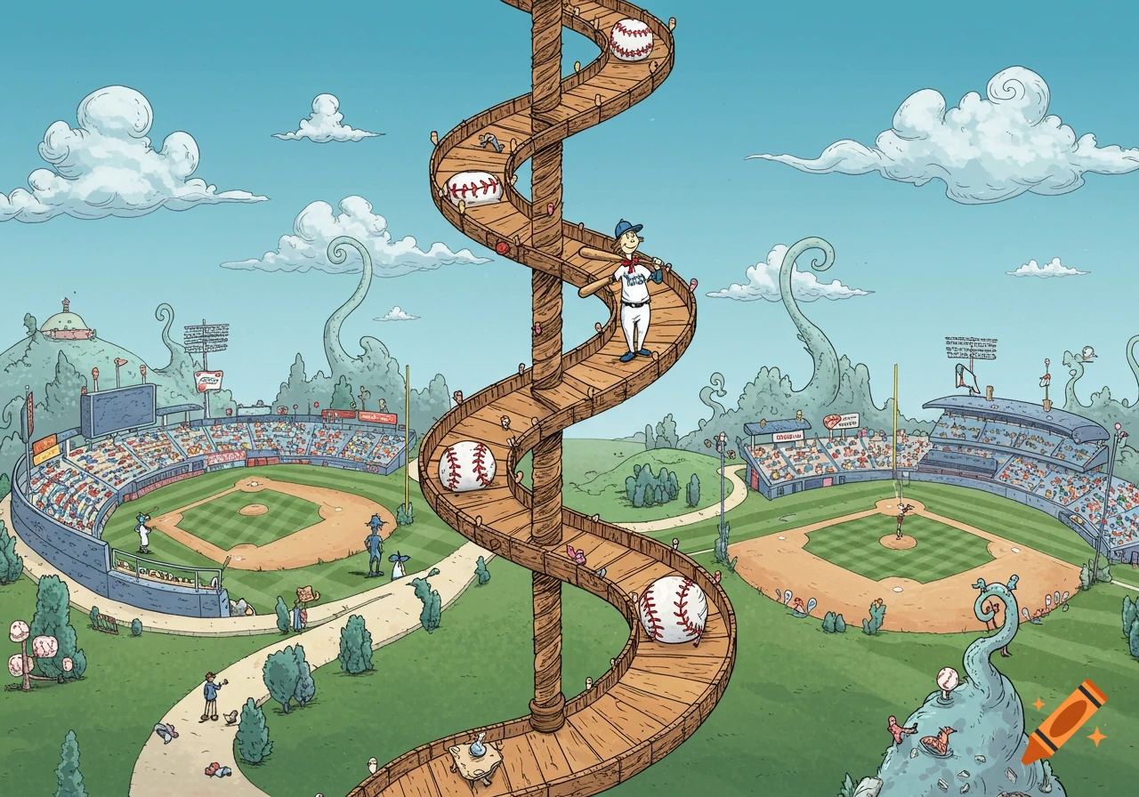 A whimsical Dr. Seuss-style illustration of a baseball player standing on a spiraling baseball bat structure, with two fantastical baseball stadiums in the background.