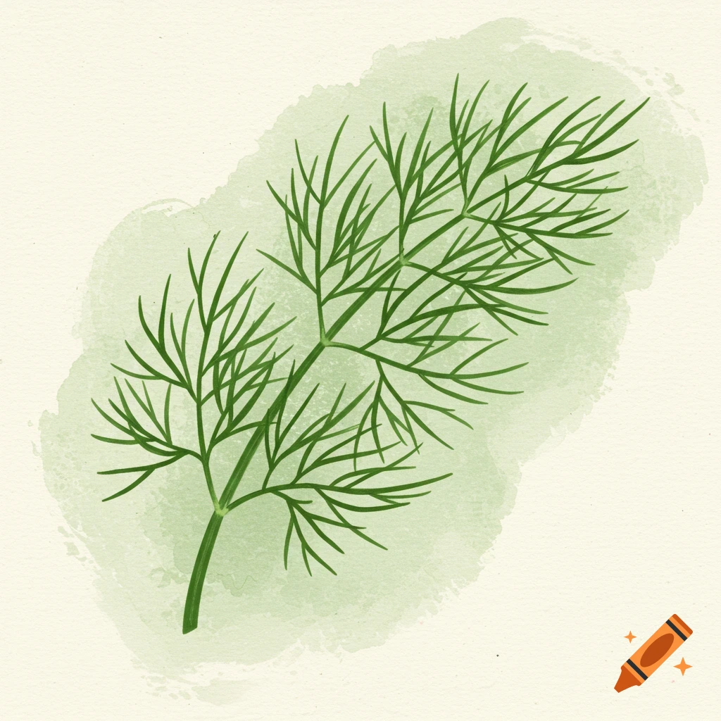 A simple watercolor illustration of a green dill sprig on a light background.