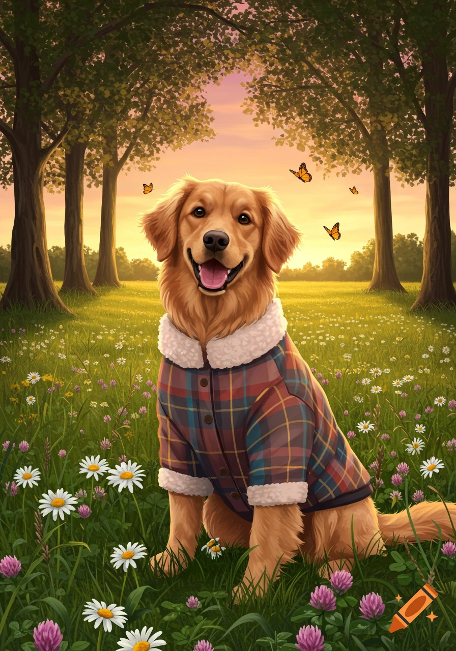 A happy Golden Retriever wearing a plaid jacket sits in a field of wildflowers with butterflies, under a sunset sky.