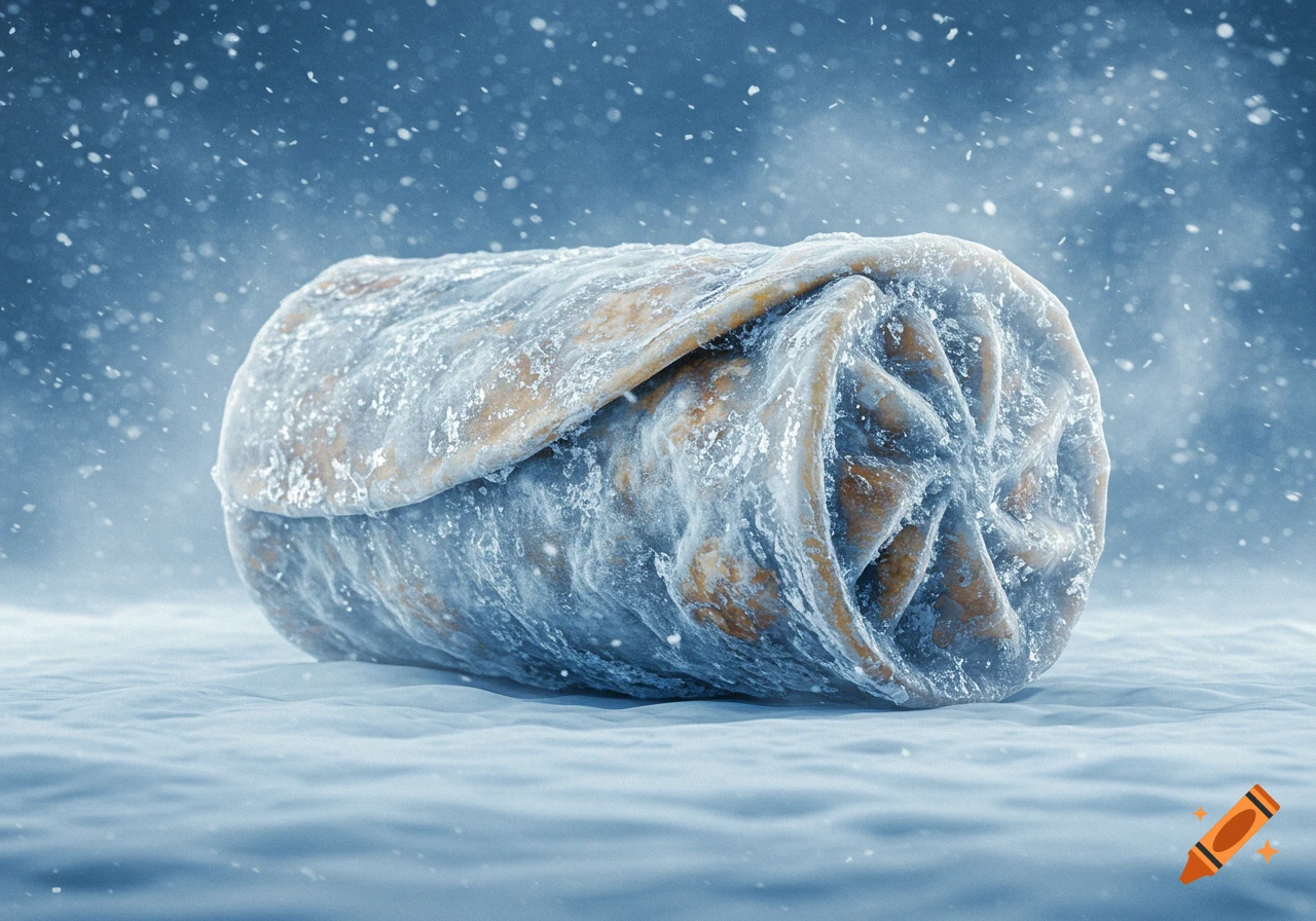 A photorealistic image of a frozen burrito covered in ice and frost, resting on a snowy surface with falling snow.