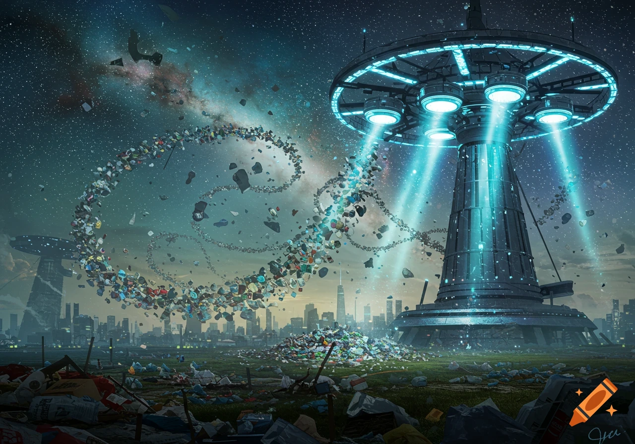 A futuristic trash-collecting machine beams garbage into a swirling spiral in space above a polluted city at night.