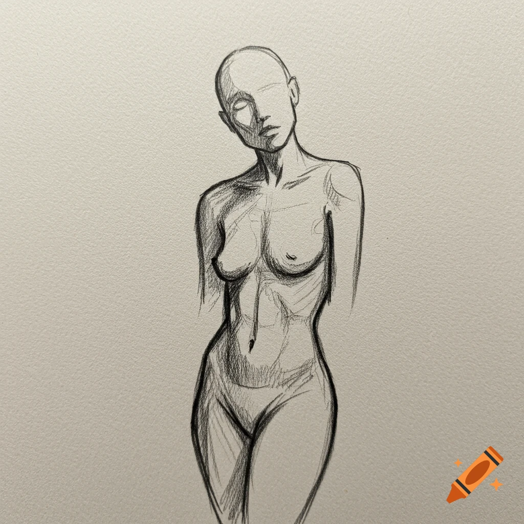 Pencil sketch of an unclothed female figure from the waist up, with a featureless face.