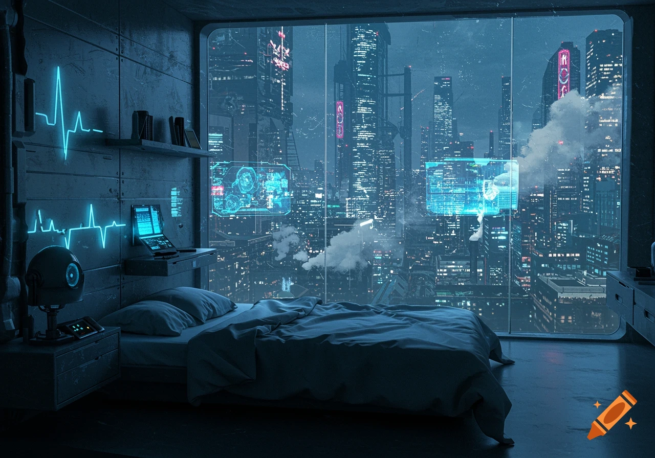 A moody, blue-toned dystopian bedroom with a large window overlooking a futuristic city at night, lit by neon accents.