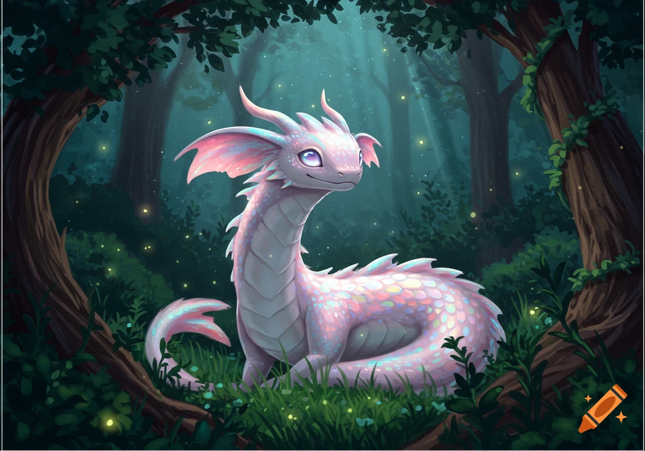 A cute, light pink and white dragon with large ears sits in a magical forest with glowing fireflies.