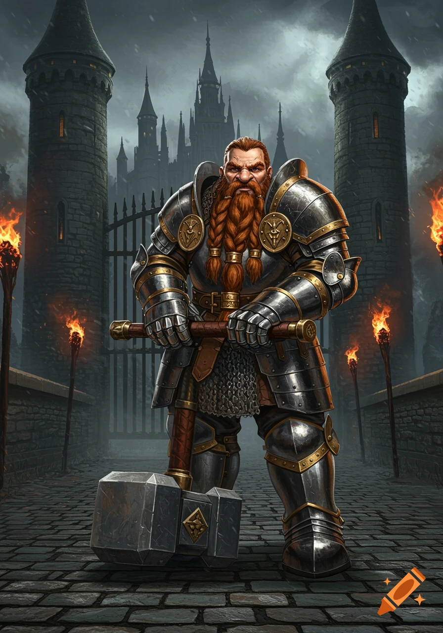 A formidable dwarf warrior in full plate armor stands guard at the entrance of a dark, imposing castle.