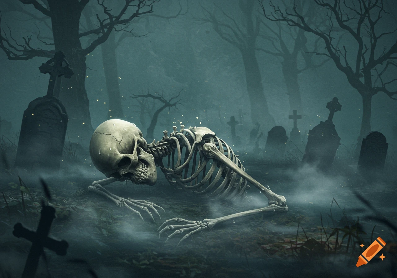 A skeleton lying in a foggy graveyard among tombstones and bare trees, with moisture on its skull.