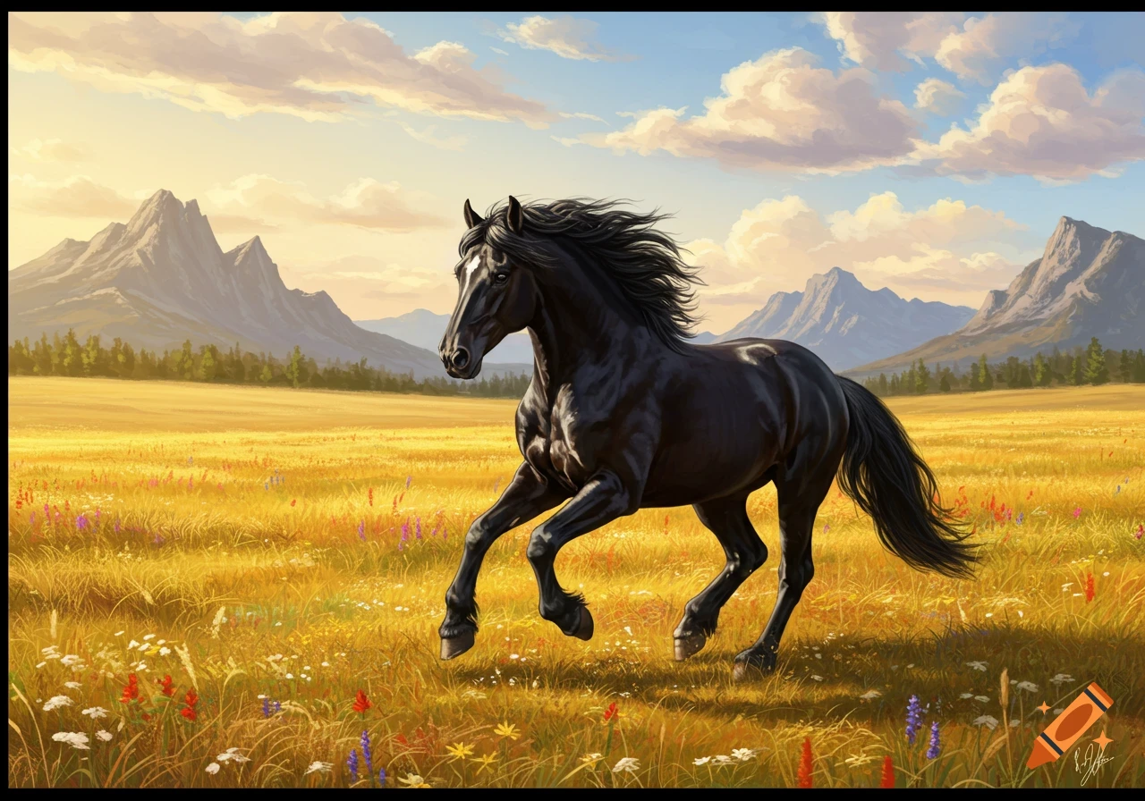 A majestic black horse gallops across a golden field dotted with wildflowers, with mountains and a cloudy sky behind it.