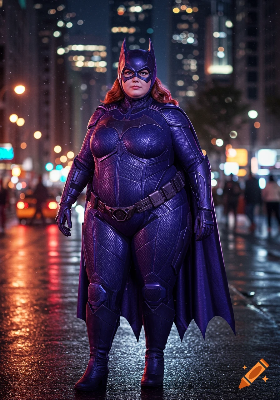 Photorealistic full body portrait of a chubby Batgirl in a shiny purple suit standing on a wet city street at night with blurred lights.