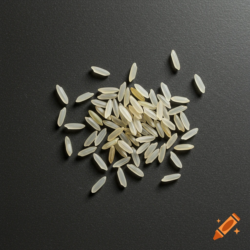 A close-up, top-down view of uncooked rice grains scattered on a dark surface.