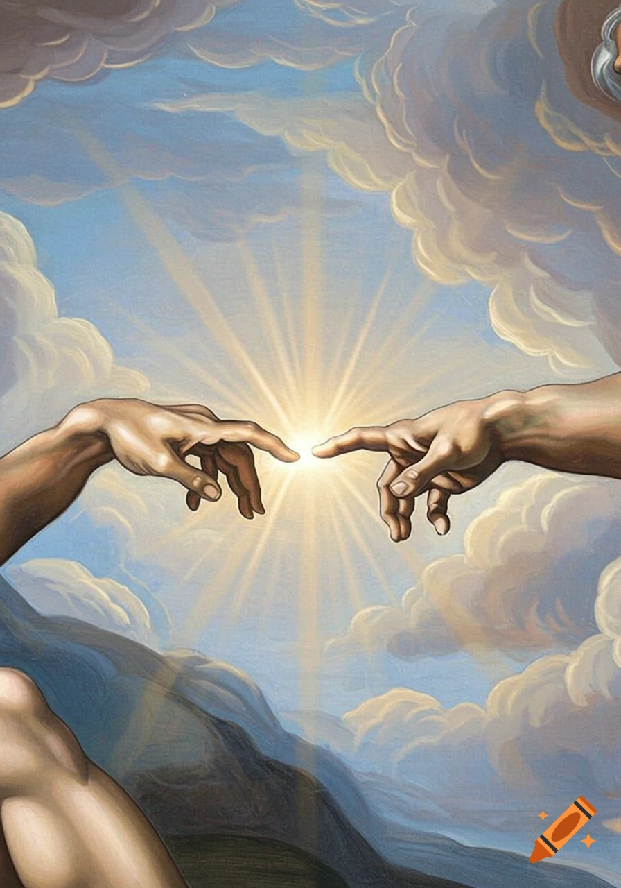 Classical painting of two hands, reminiscent of Creation of Adam, touching fingertips with light emanating in a cloudy sky.