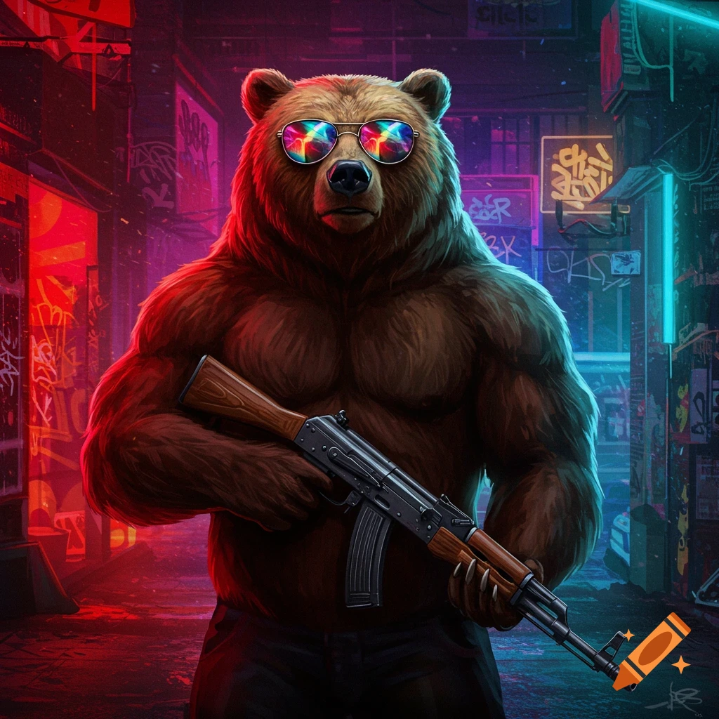 A muscular humanoid bear wearing colorful mirrored sunglasses holds an AK-47 in a vibrant neon-lit cyberpunk alley.