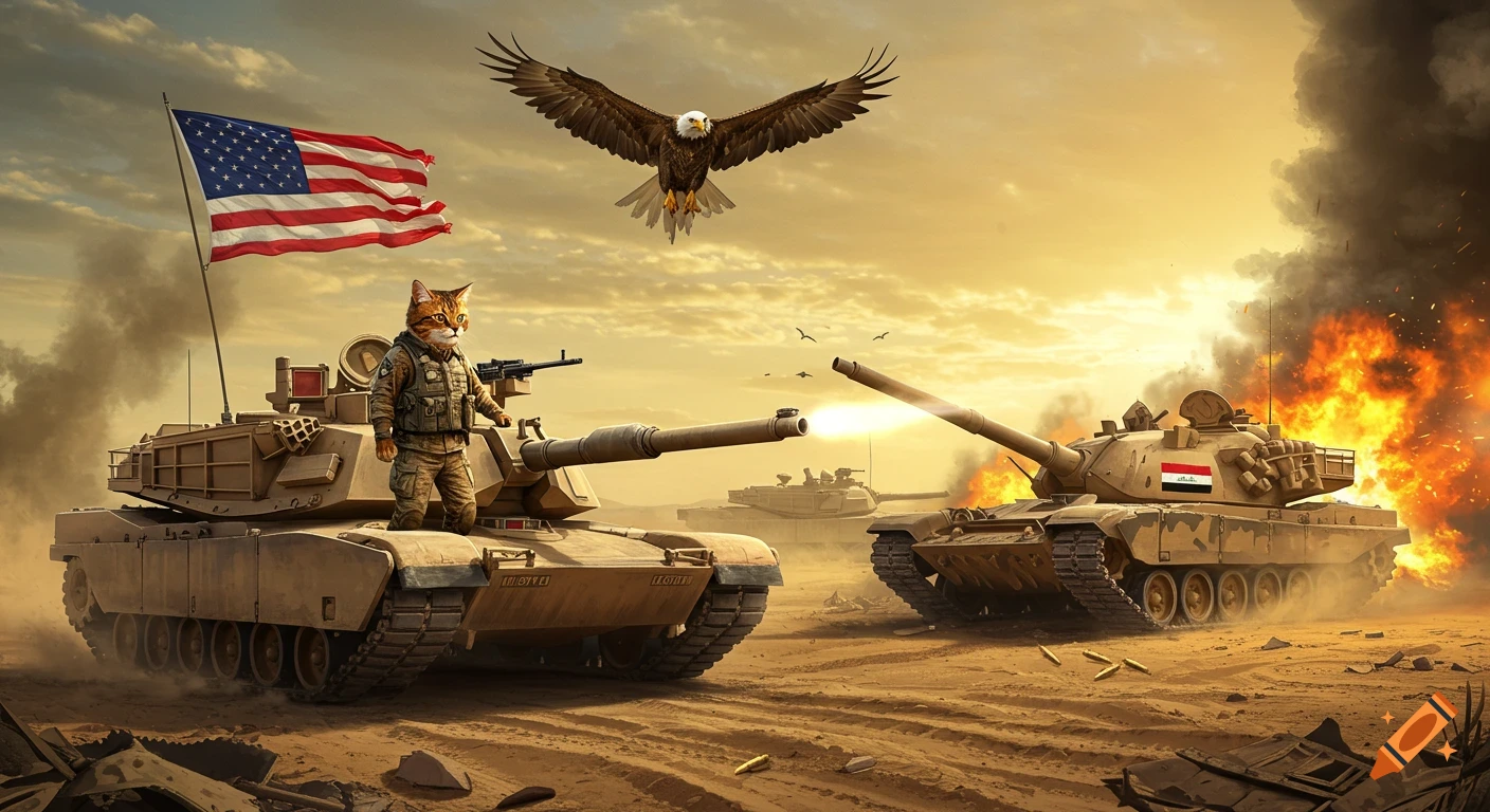 A cat in a US Army uniform stands on an M1A1 Abrams tank in a desert battlefield. An Iraqi tank explodes in the background, under a bald eagle carrying an American flag.