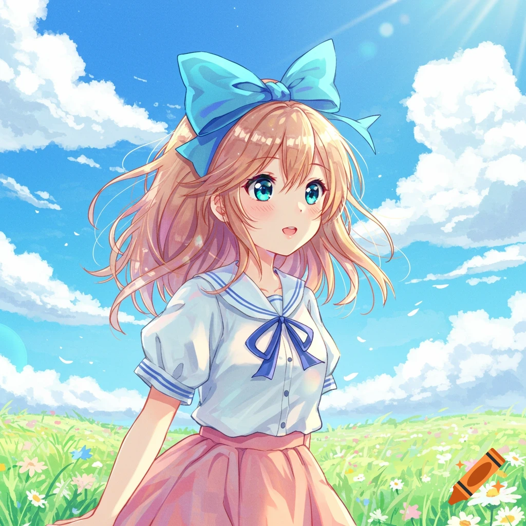 An anime girl with long blonde hair and a large blue bow stands in a sunny field of white and purple flowers under a clear blue sky.