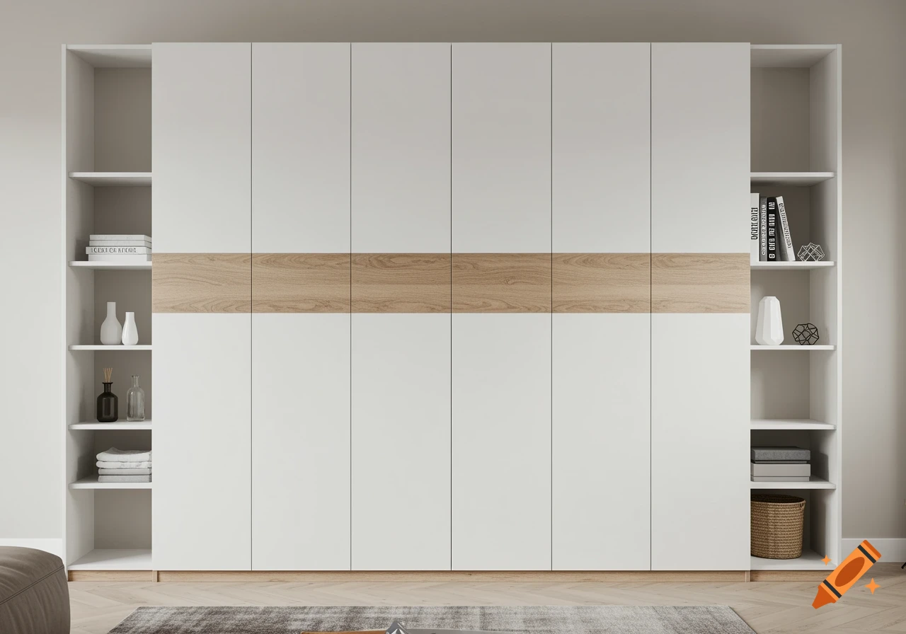 A modern white wardrobe with a wooden stripe, flanked by open shelves, in a clean, contemporary room.
