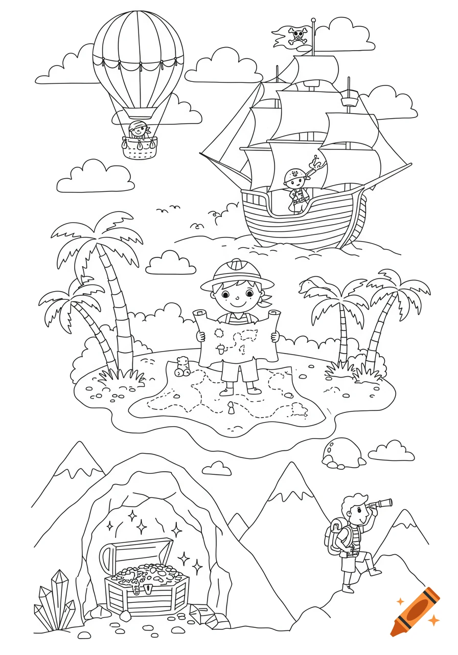 Black-and-white line art of an adventure scene with a hot air balloon, pirate ship, explorer, treasure cave, and mountain hiker.