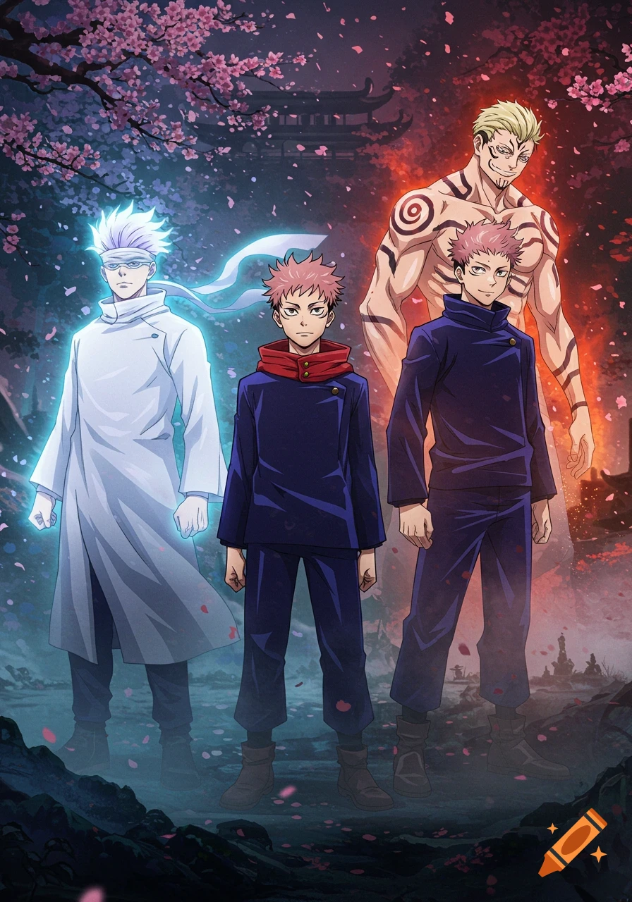 An anime illustration featuring four male characters in an atmospheric setting with cherry blossoms and a fiery background. From left to right: a man with white spiky hair and a blindfold glowing blue, a boy with pink spiky hair and a red-hooded uniform, another boy with pink spiky hair in a dark uniform, and a muscular man with black tattoos glowing red.
