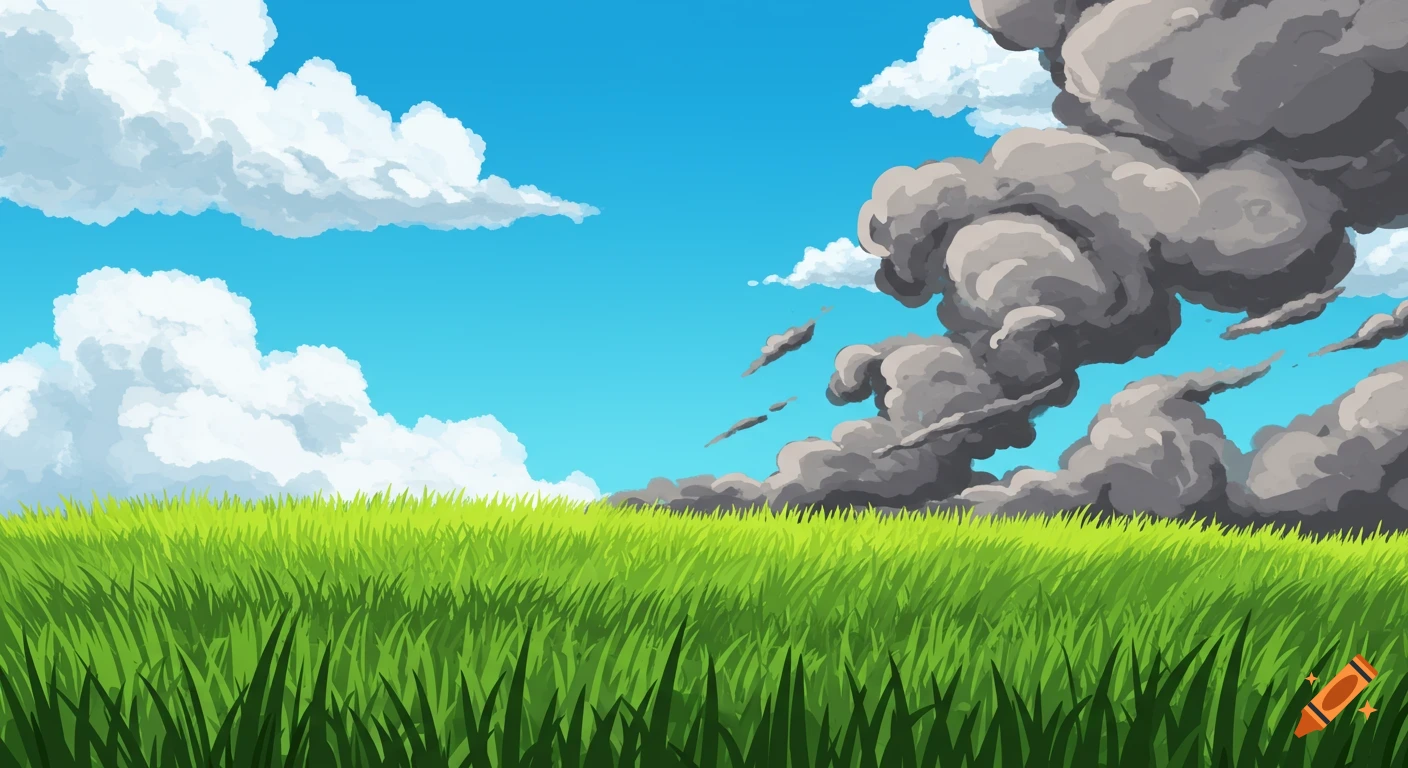 A vibrant cartoon landscape with green grass, blue sky, white clouds, and dark gray smoke billowing on the right.