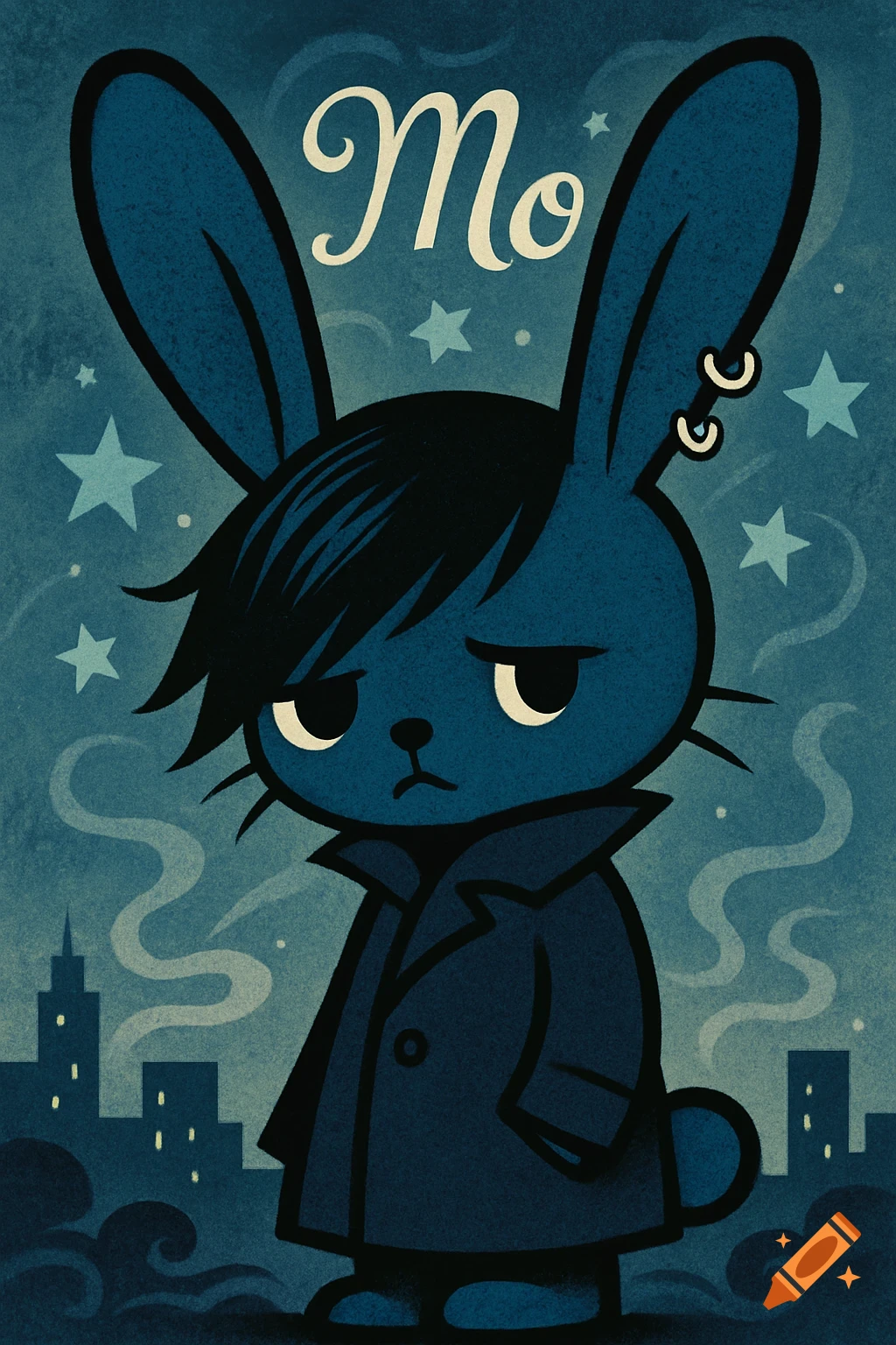 A stylized blue emo rabbit with large ears and earrings stands in a dark blue coat, with the name "Mo" above. Stars and city skyline visible.