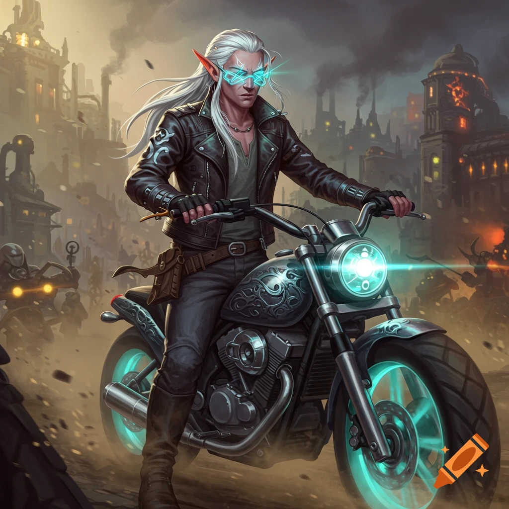 A white-haired elf in a leather jacket and glowing blue glasses rides a motorcycle through a dystopian city.