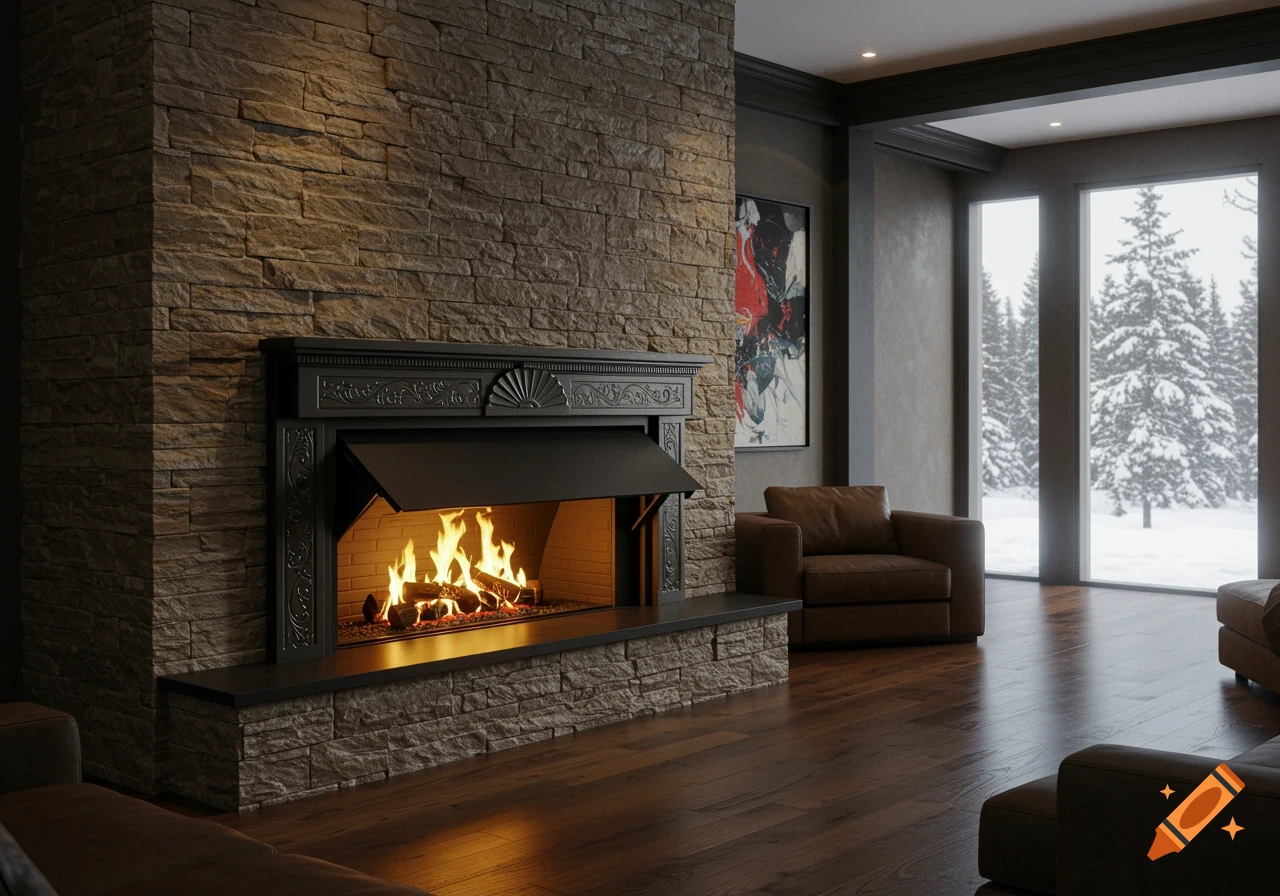Photorealistic view of a cozy living room with a large stone fireplace, brown armchairs, and a snowy winter landscape visible through tall windows.