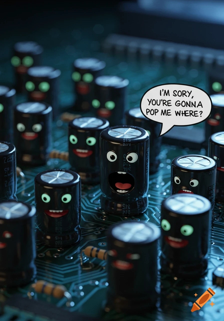 A close-up of cartoon-like capacitors on a circuit board, one with a speech bubble saying 'I'm sorry, you're gonna pop me where?'