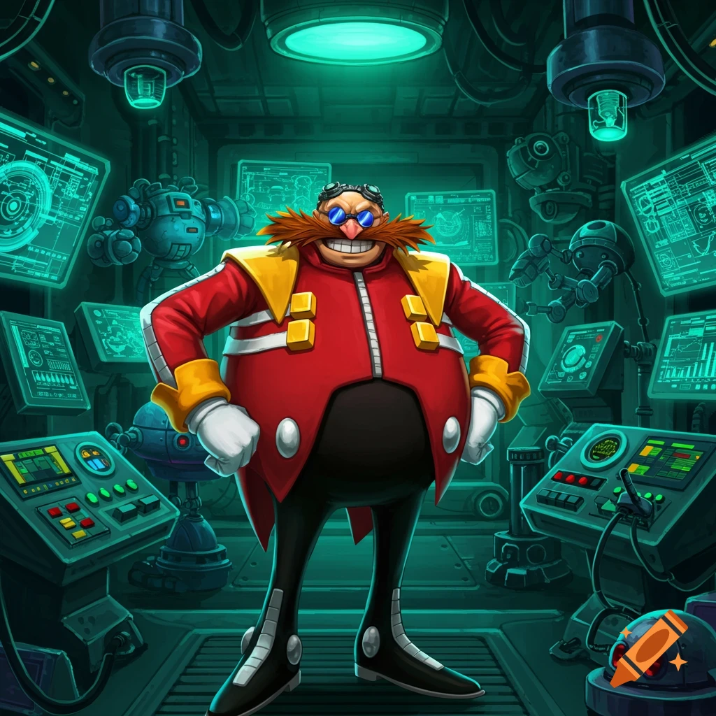 Dr. Eggman stands confidently in his neon green-lit, high-tech lab, surrounded by computer screens and machinery.