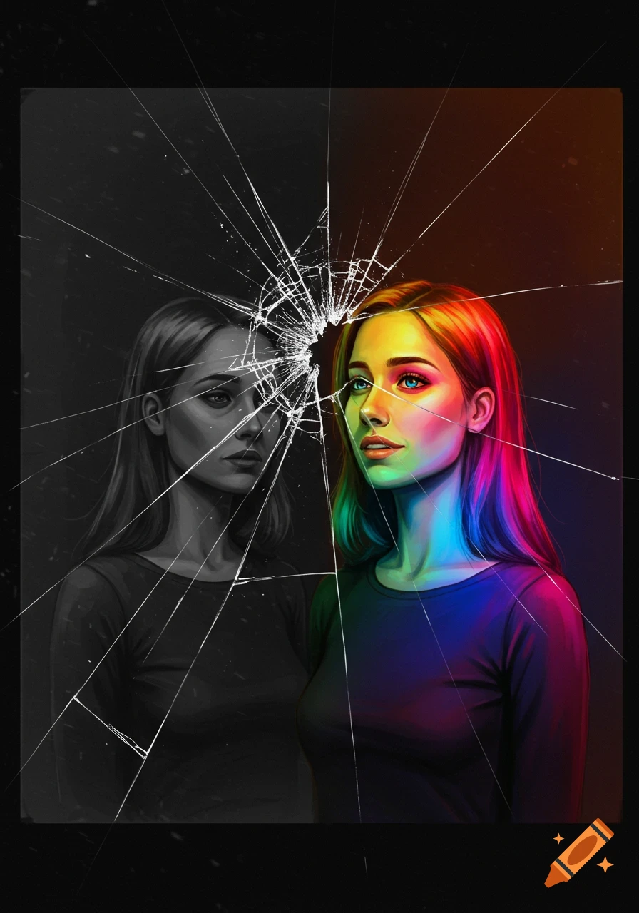 Digital art of a woman's face split by a broken mirror, one side gray and sad, the other colorful and happy.