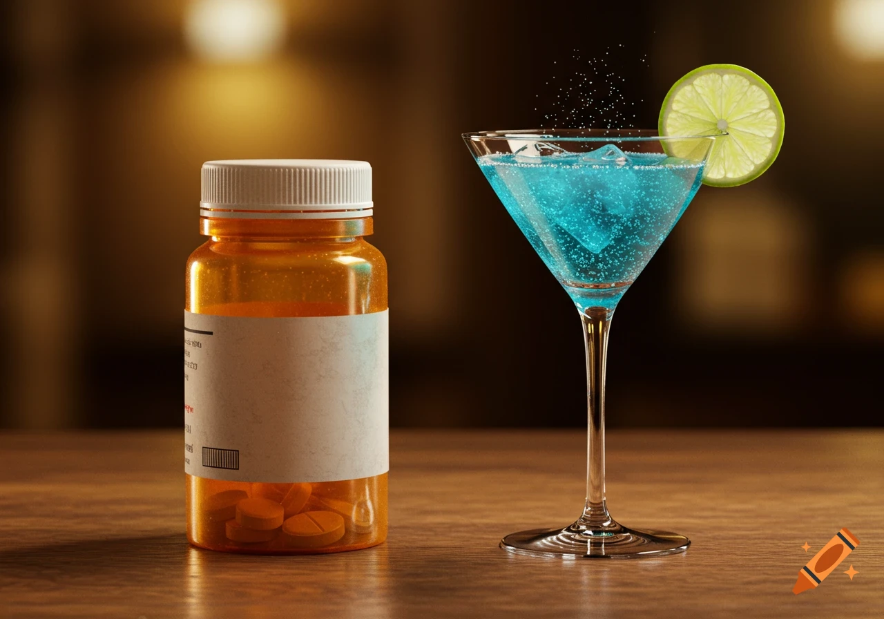 A photorealistic image of an orange pill bottle next to a blue cocktail with a lime wedge on a wooden table.