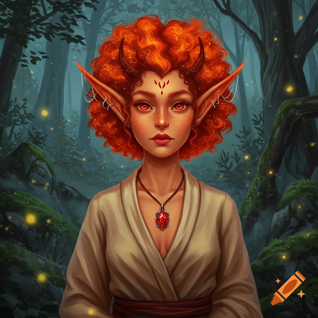 A detailed portrait of a fantasy elf girl with fiery orange curly hair, red eyes, small horns, and pointed ears, wearing a light robe and ruby necklace, standing in a magical forest.