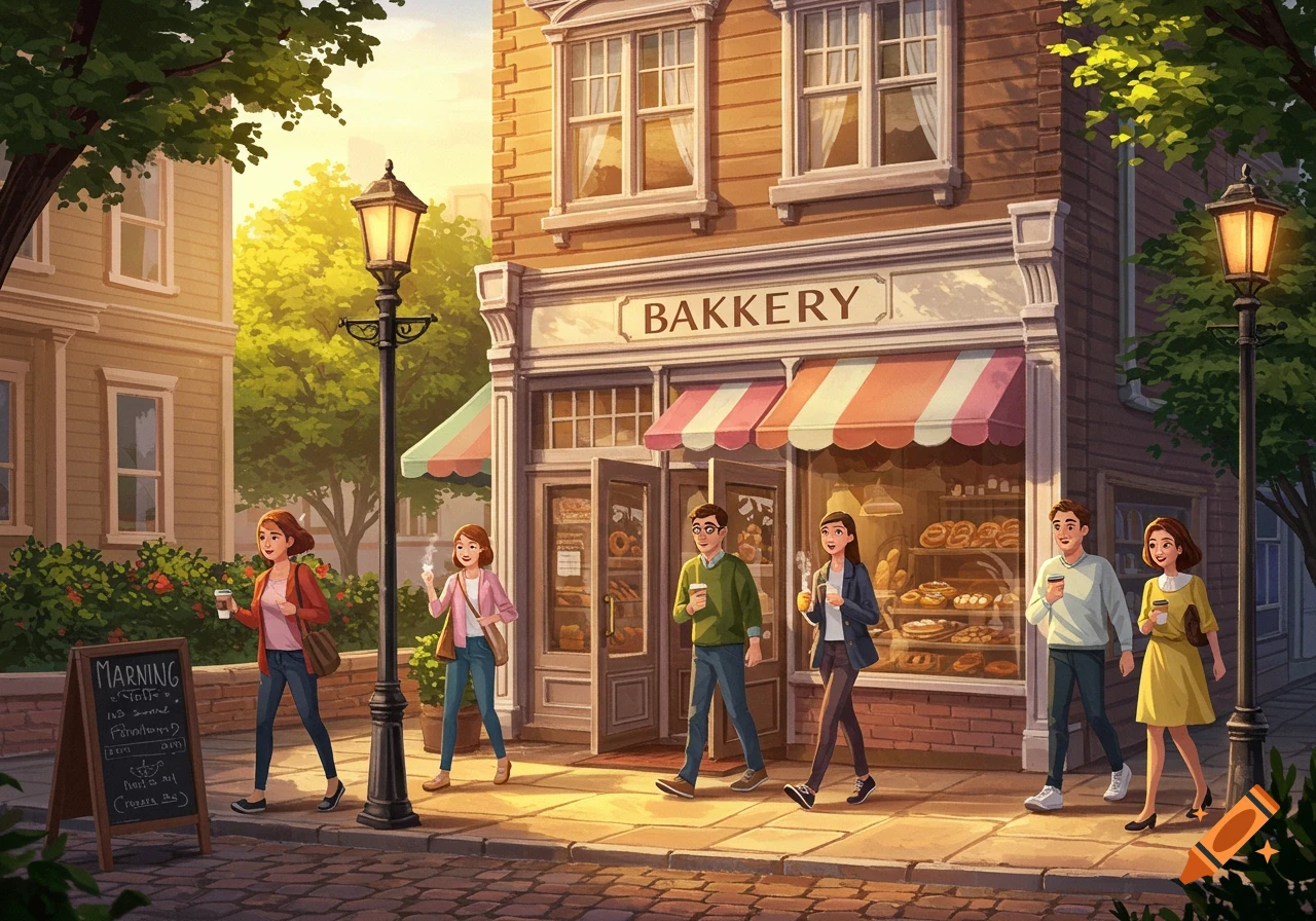 A colorful illustration shows six people walking on a sunlit sidewalk in front of a brick bakery with an awning. A street lamp and trees are visible.