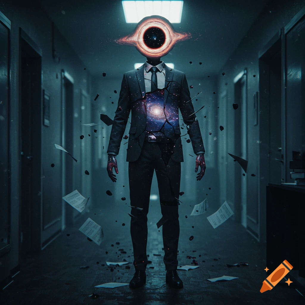 A surreal figure in a black suit has a black hole for a head and a galaxy in its chest, standing in a dark hallway with floating papers.