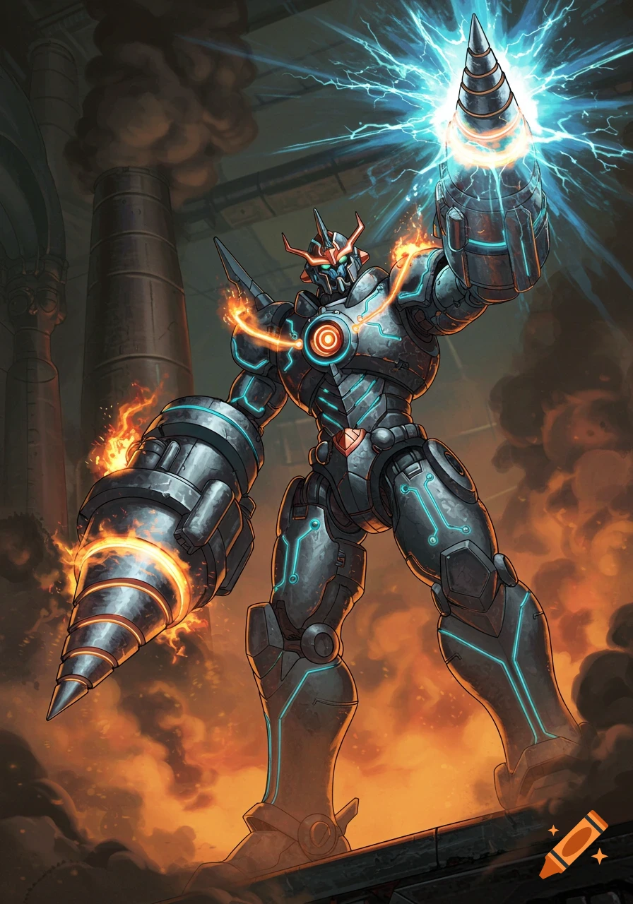 A powerful mecha robot with drill arms, glowing with blue energy and orange fire, stands in an industrial setting.