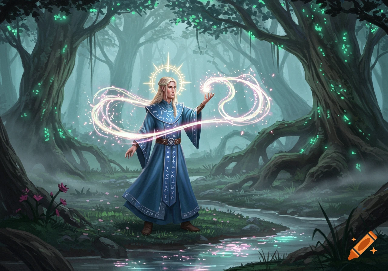 An elf-like figure in a blue robe stands in a glowing, misty fantasy forest, casting a spell with shimmering light.