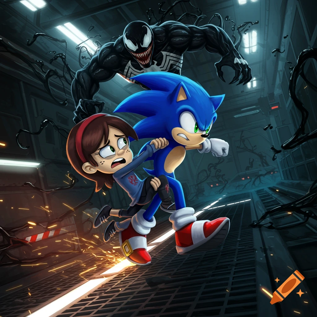 Sonic the Hedgehog carries Sid Chang, running away from Venom in a dark, metallic base, in a cartoon style.
