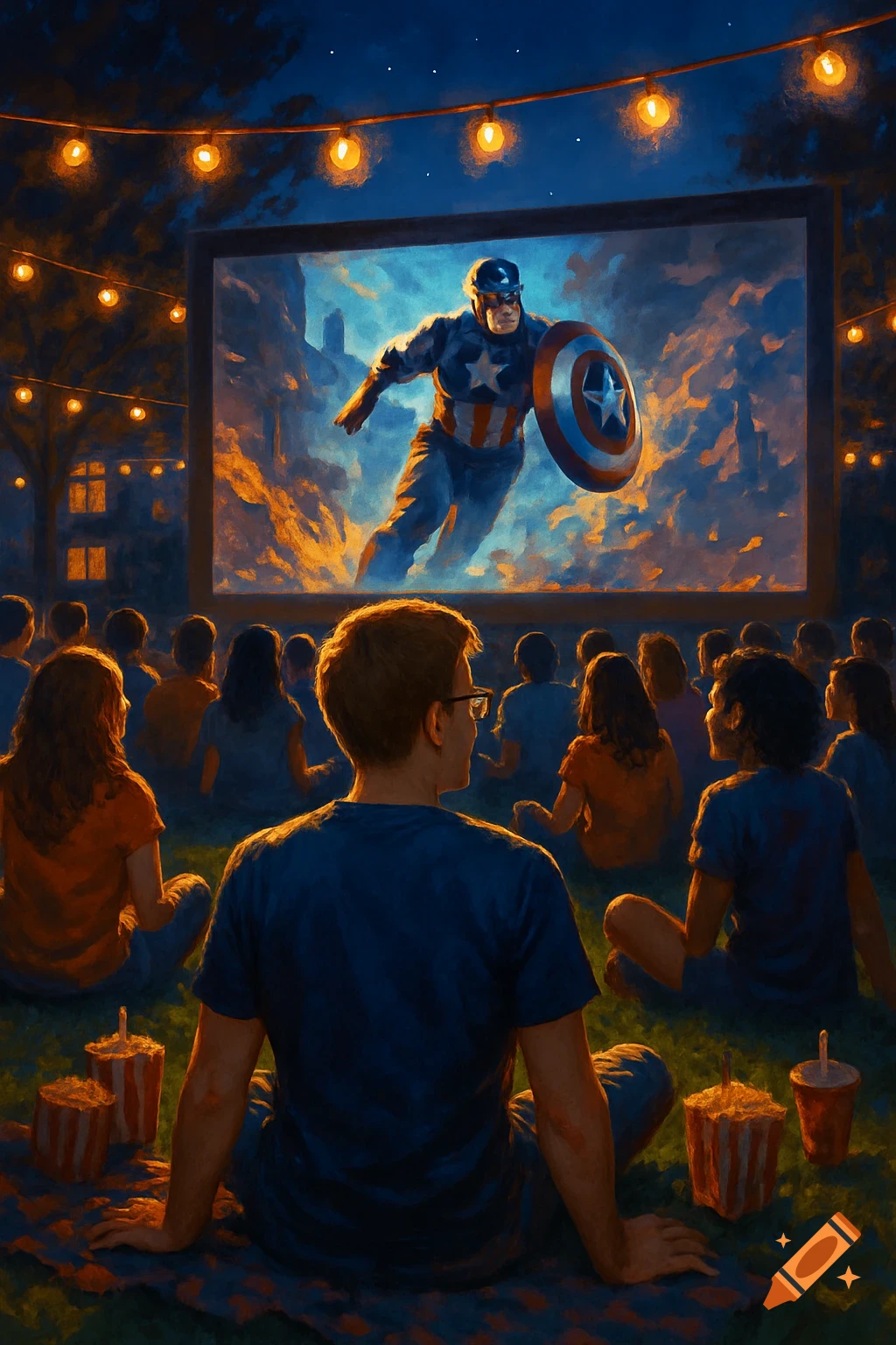 An audience sits on a lawn watching Captain America on a large outdoor screen under string lights at night.