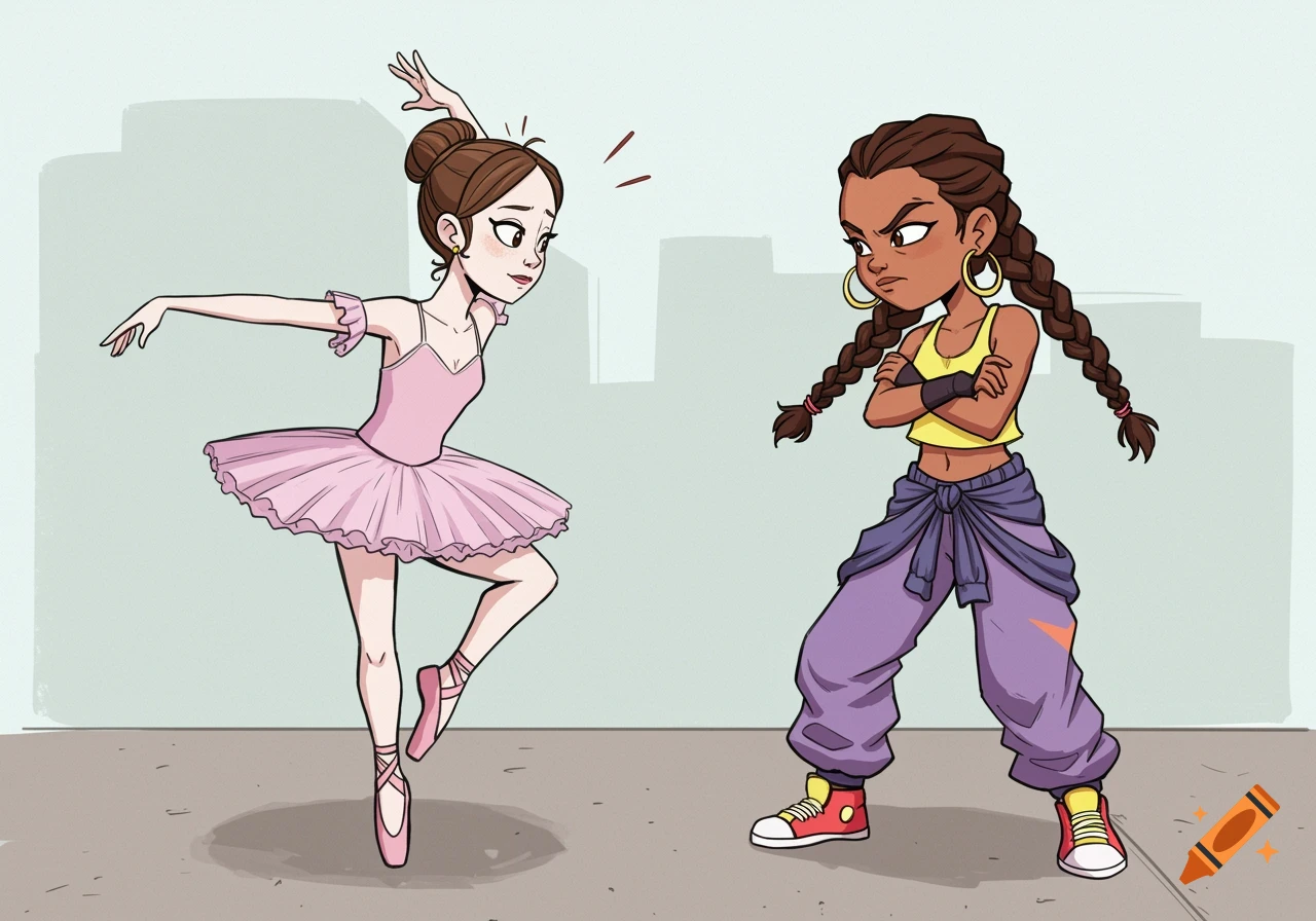 A cartoon ballerina and a hip-hop dancer girl facing each other in a street setting, looking upset.