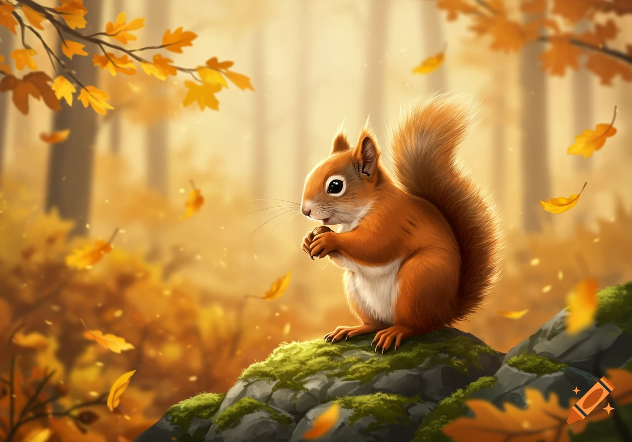 A fluffy brown squirrel holding a nut, sitting on a mossy rock in a sunny autumn forest with golden leaves falling, illustration.