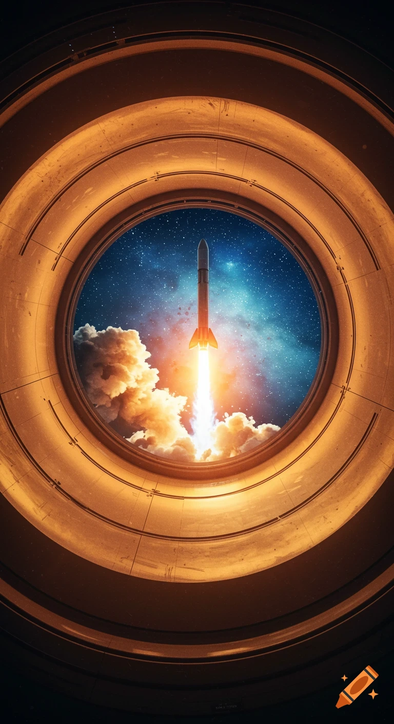 A rocket blasts off into a starry, cloudy sky with luminous clouds, viewed through a circular golden porthole.