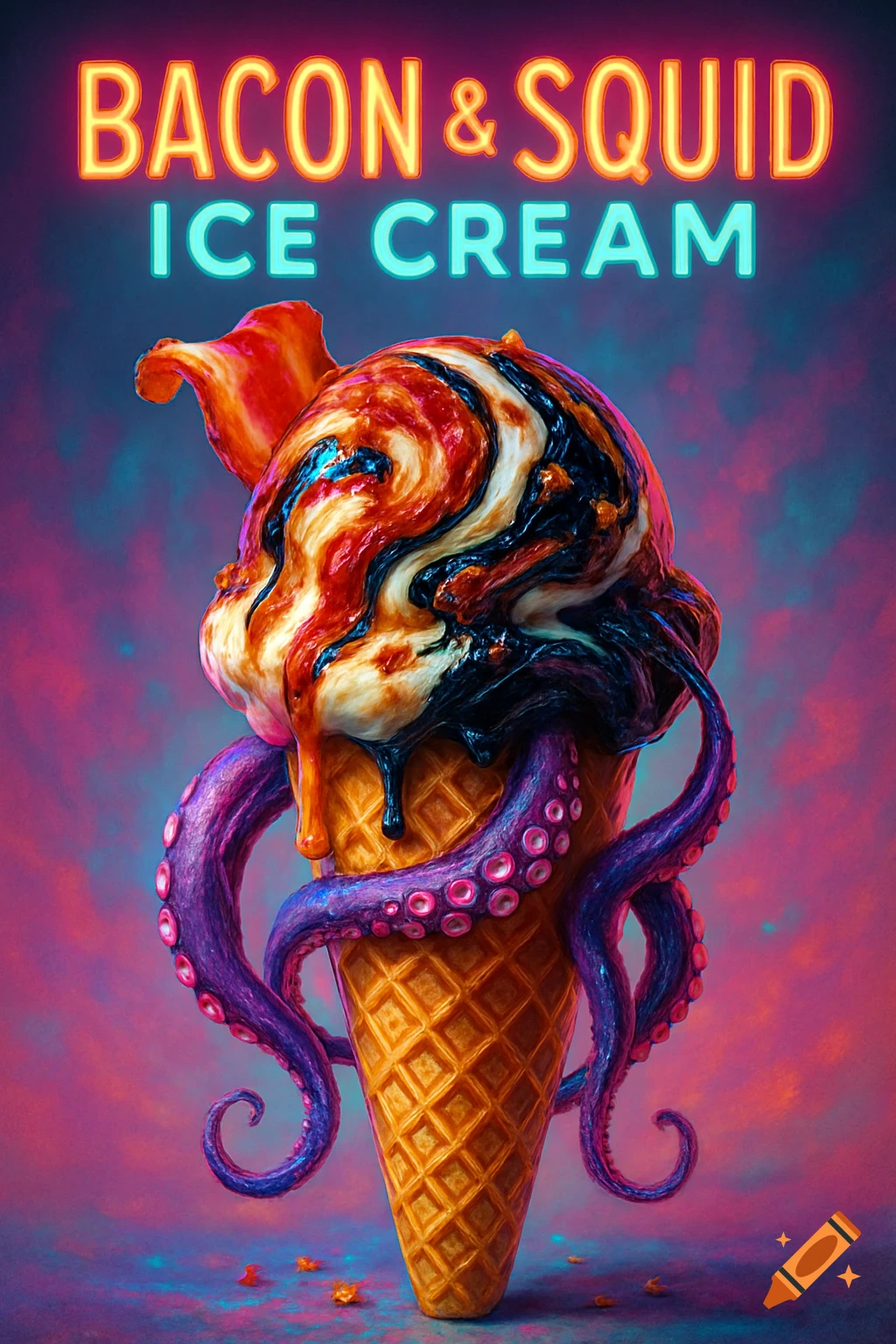 A surreal ice cream cone with bacon, squid, and octopus tentacles. Neon sign reads 'BACON & SQUID ICE CREAM' above.