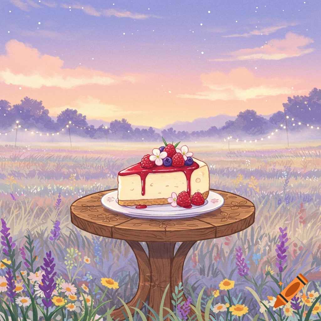 A slice of cheesecake with berries and flowers on a wooden table in a dreamy, lavender-hued field under a sunset sky, in an anime style.