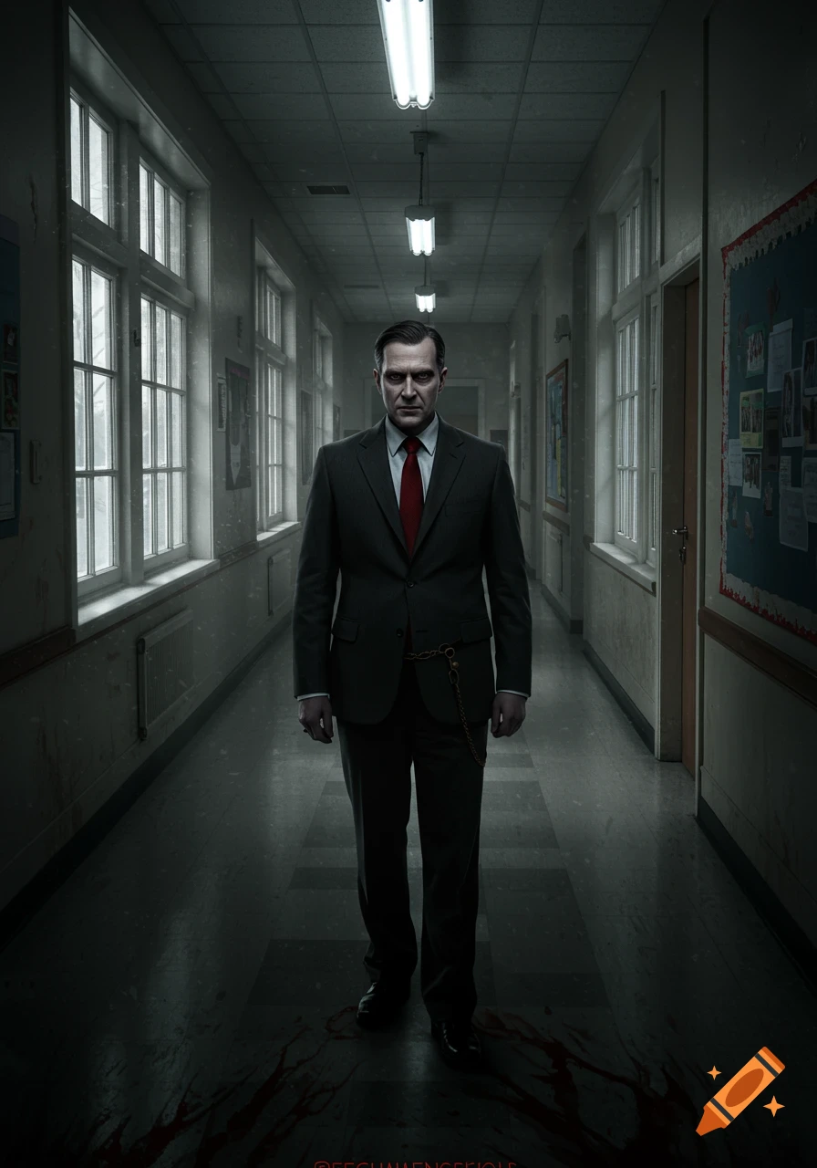 A menacing man in a dark suit and red tie stands in a dimly lit, eerie school hallway with blood splatters on the floor.