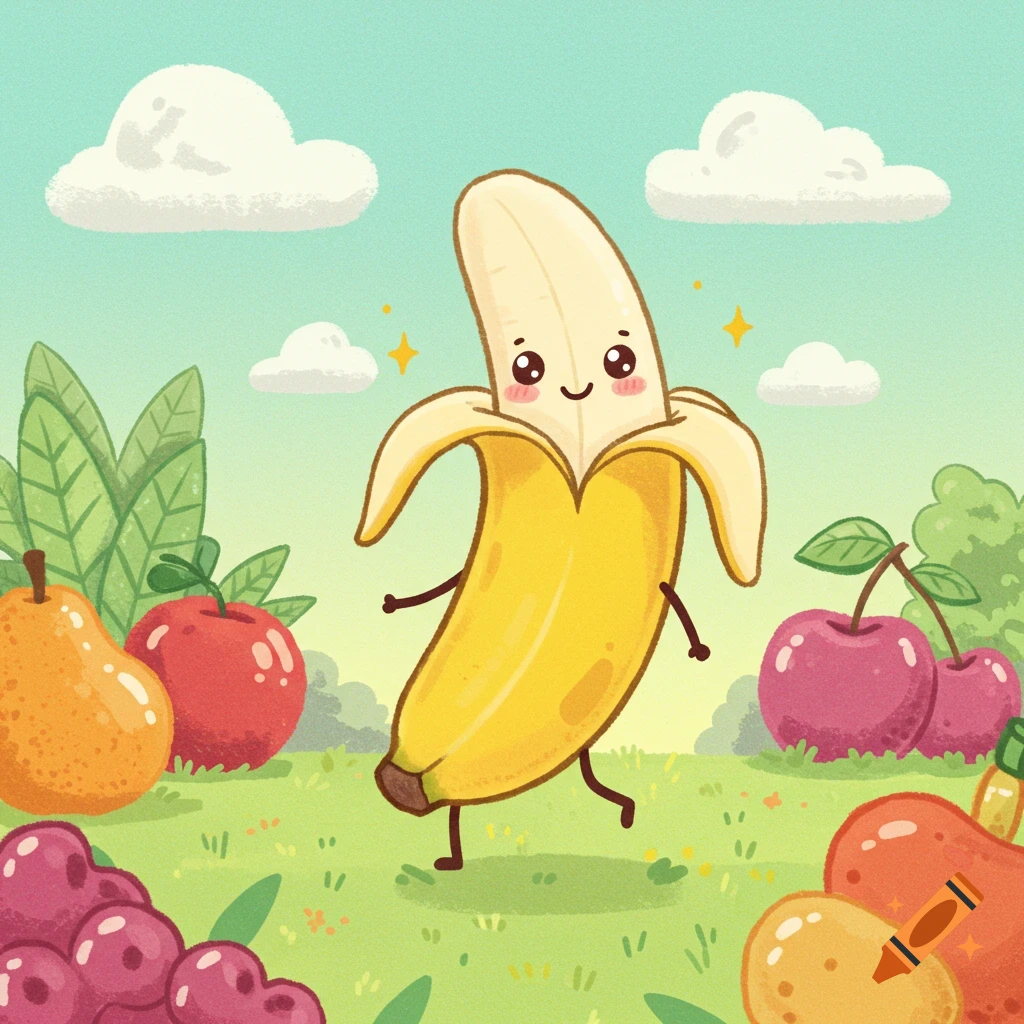 A cute, smiling, peeled banana with arms and legs walks in a grassy field surrounded by other fruits in a hand-drawn cartoon style.