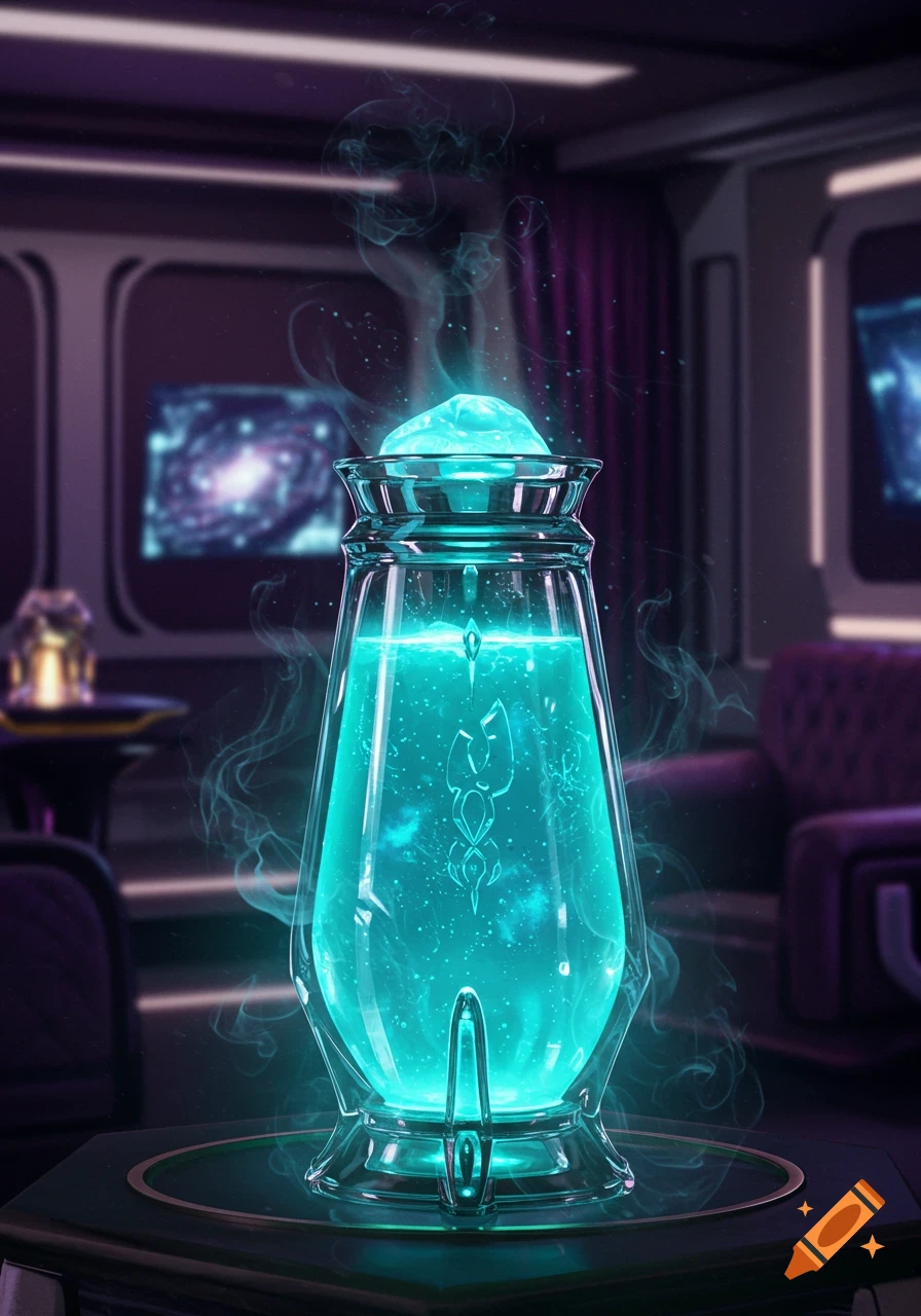 A glowing, ornate turquoise vial filled with bubbling liquid and radiating smoke, set in a futuristic room with a galaxy displayed on a screen.