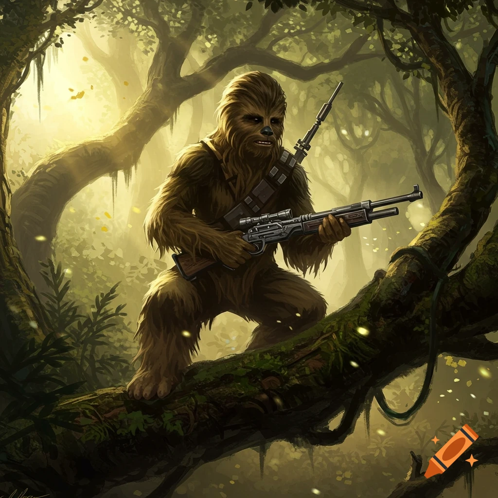 A Wookie-like creature crouches on a mossy tree branch, holding a rifle in a sunlit forest.