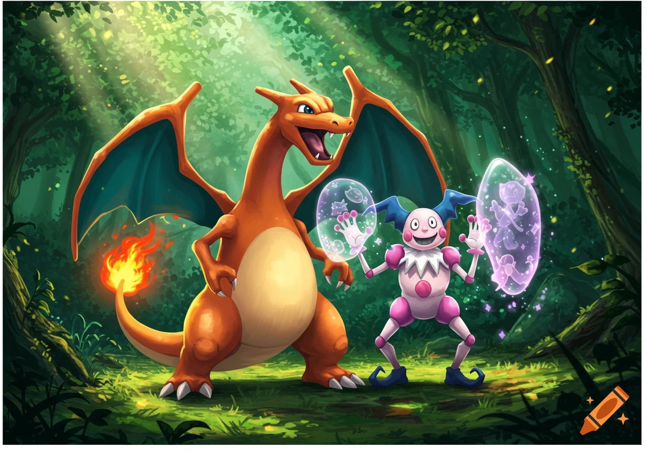 Charizard and Mr. Mime stand in a sunlit forest, Mr. Mime holding shimmering psychic bubbles, in an illustrative style.