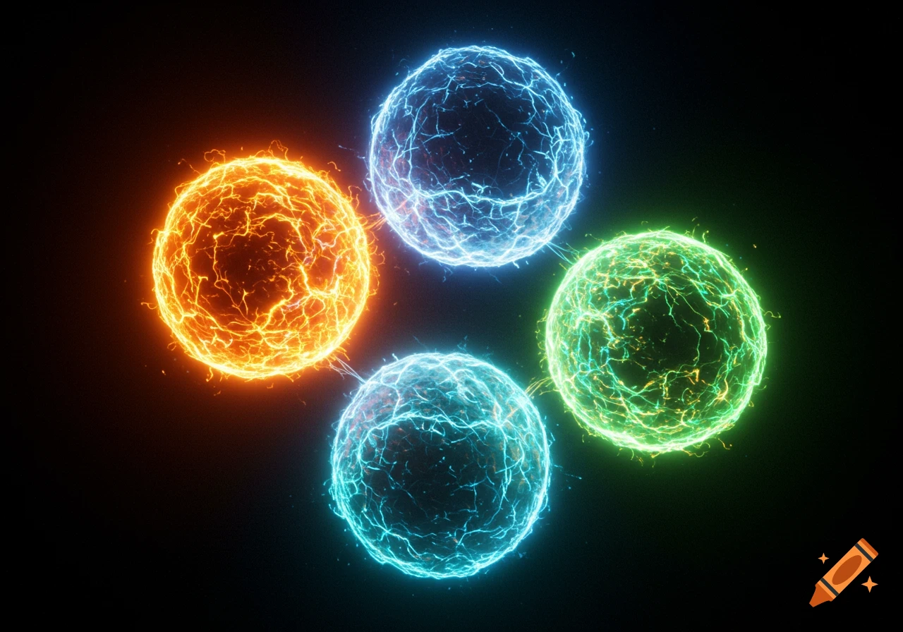 Four vibrant, glowing energy spheres in orange, green, and blue against a black background.
